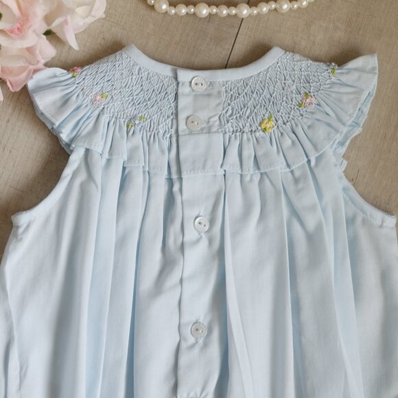 Blue Smocked Embroidered Romper Flutter Sleeve Luli & Me Boutique NWT - Picture 5 of 5